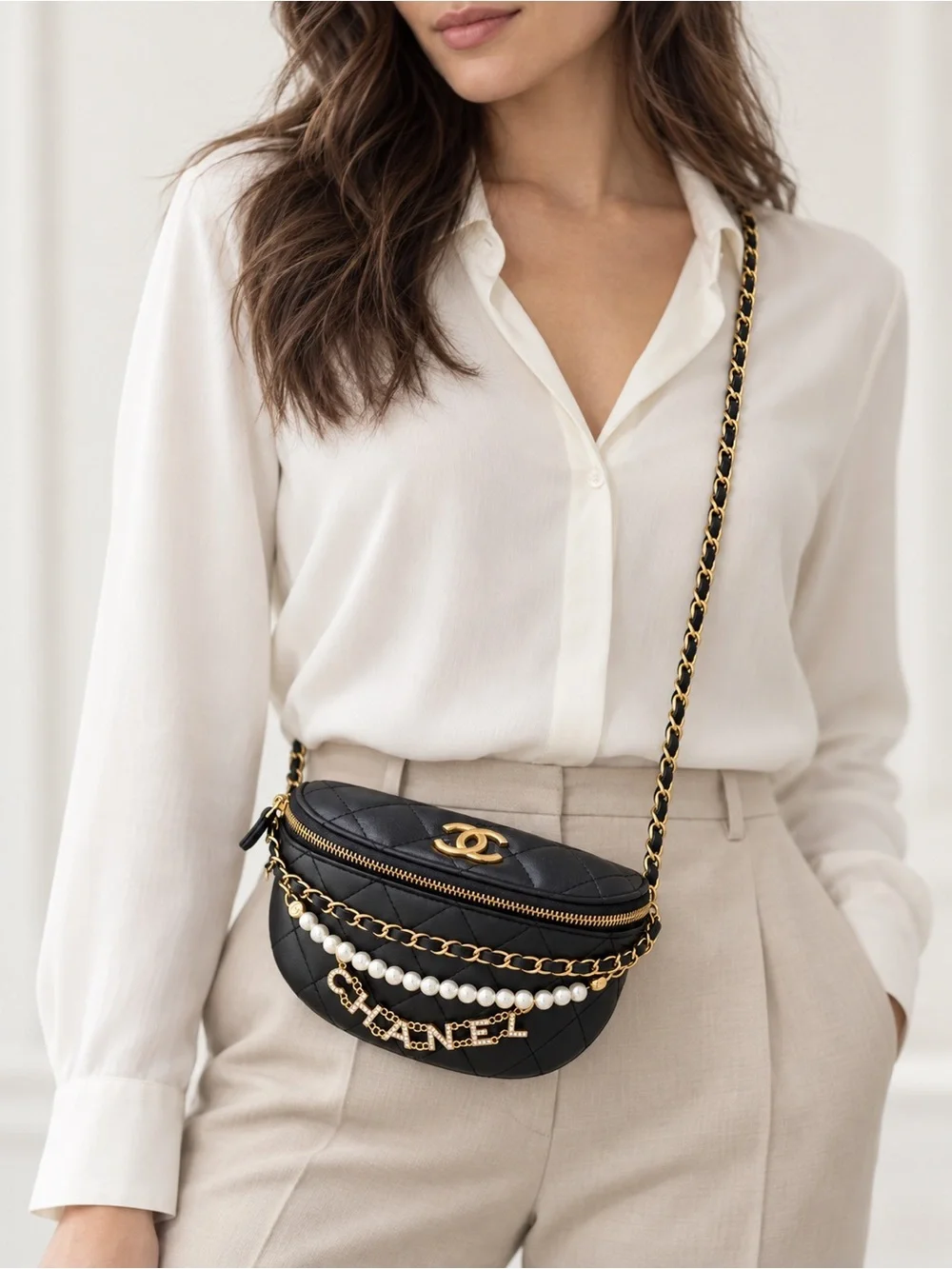GWP - CC MAKE UP BAG - Black Quilted Crossbody Bag with Gold Chain and Pearl